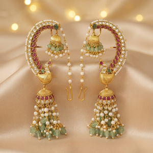 Traditional Imitation Antique Gold Plated Style Kundan Peacock Emerald Cut <b>Ear</b> <b>Cuff</b> Jhumka <b>Earrings</b> Pearl Beads Drop for Women - Product Image 2