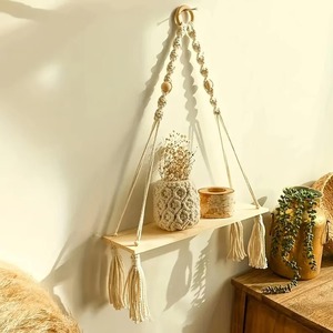 High End Quality Macrame Wall Hanging Shelf With Wooden Base For Kids Room Decor Shelf For Soft Toys And Light Items From India - Product Image 1