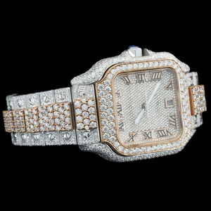 นาฬิกาพรีเมียมประดับเพชรโมอิสซาไนต์ทรงกลม ดีไซน์ฮิปฮอป ตัวเรือนทรงเหลี่ยม ตัวเลขโรมัน คลาสสิก สองสี ประดับเพชรเต็มเรือน - Product Image 6