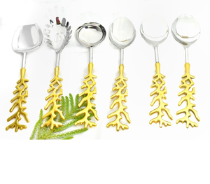 Ensemble de saladiers en acier inoxydable et laiton, couverts à design feuille, ustensiles de service pour salade en laiton - Product Image 5