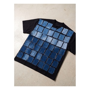 Custom Men Oversized Black T Shirt Denim Patchwork Detail Raw <b>Edge</b> Distressed <b>Square</b> Geometry Heavyweight Cotton Tee Streetwear - Product Image 3