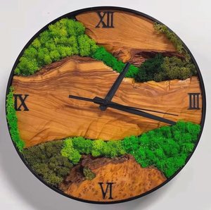 Wedding Gift Olive Wood Moss Wall <b>Clock</b> Custom Anniversary Gift for Couple Unique Moss Art Handmade Wood Decor - Product Image 1