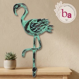 Crochet mural en métal vieilli Ba Aqua Green Flamingo, design animal rétro fait main, crochet simple - Product Image 1