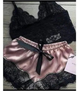Women's 2-Piece Lace Sleepwear Set Black <b>Spaghetti</b> Strap Top Purple Satin Shorts Sexy Lounge Wear Summer Style - Product Image 5