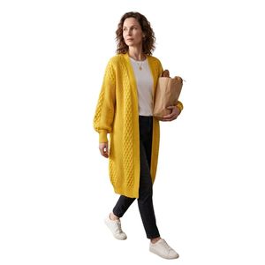 Women Yellow Long Cardigan <b>Sweater</b> <b>Cable</b> <b>Knit</b> Open Front Loose Fit Long Sleeve Casual Fashion Knitwear Custom Logo Manufacturer - Product Image 5