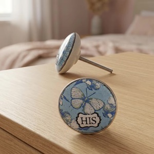 Bouton de meuble rond en céramique, motif papillon bleu, His Label, moderne, écologique, poignée de tiroir pour chambre à coucher - Product Image 1