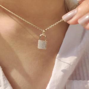Lock Shape Round Cut Diamond Pave <b>Pendant</b> <b>Solid</b> <b>Gold</b> Padlock Necklace Minimalist Luxury Charm <b>Pendant</b> Lab Grown Diamond Gift - Product Image 3