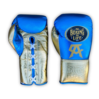 Guantes de Boxeo de Primera Calidad, Sin Boxeo No Hay Vida, Azules y Dorados, de Cuero Genuino, con Cordones, Transpirables, para Adultos, para Sparring
