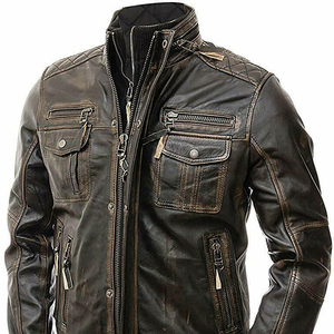 Veste de motard en cuir véritable pour homme, col montant, fermeture éclair, couleur unie, coupe classique, pour l'automne - Product Image 4