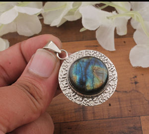 Breloques Vintage en Labradorite Naturelle, Motif Fleur, en Argent Sterling 925 Plaqué Platine, Sertissage Clos, Pierre Précieuse à Effet de Feu, Style Antique - Product Image 3