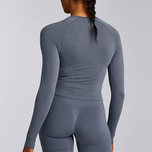 Sweat Wicking Ladies Long Sleeve Compression Shirt Body Fit Four Way Stretchable Crew Neck <b>Thumb</b> Hole <b>Cuffs</b> Seamless Yoga Wear - Product Image 2