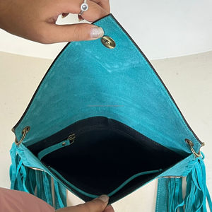 Best Selling Hand Tooled Suede Leather Crossbody Fringe Envelope <b>Bag</b> Western Genuine Leather Floral Carved Bohemian Shoulder <b>Bag</b> - Product Image 6