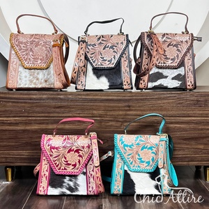 Sacs messager pour femme en cuir de vachette floral façonnés à la main, style vintage, sacs à main et sacs bandoulière avec surpiqûres, sacs de soirée - Product Image 1