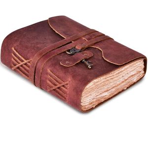 Handmade Deckle Edge Leather <b>Journal</b> 200 <b>Blank</b> Pages Book Shadows Planner Scrapbook Sewing Binding Hardcover Gift Red Brown 6x4 - Product Image 1