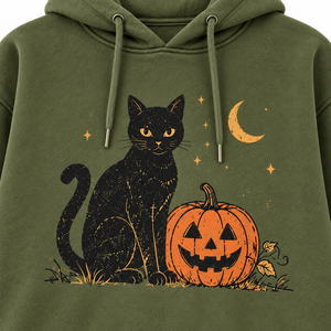 Sudadera con Capucha Verde Oliva para Mujer, Diseño de Gato Negro, Calabaza y Luna, Estilo Casual de Otoño - Product Image 5