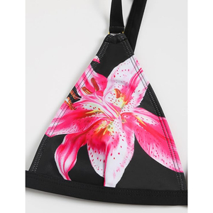Conjunto de Bikini Sexy con Estampado de Lirios para Mujer, Traje de Baño de Dos Piezas con Cuello Halter en Contraste Negro 2026, Biquinis Acolchados - Product Image 3