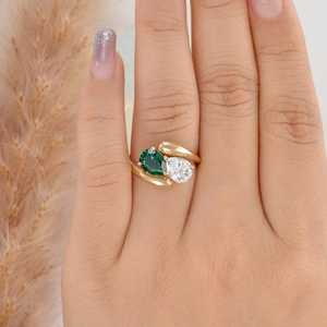 925 Sterling <b>Silver</b> 22K Gold Plated Handmade Minimalist Pear/Round Cut Gemstone <b>Ring</b> Toi Et Moi <b>Adjustable</b> Bypass <b>Ring</b> Fine - Product Image 6