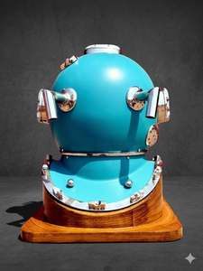 Casco de Buceo Azul Cielo con Base de Madera, Casco de Buceo Profundo, Decoración Náutica Vintage, Decoración Marítima - Product Image 4