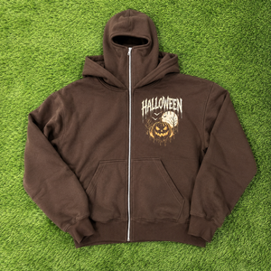 Wholesale Brown Halloween Pumpkin Graphic Full <b>Zip</b> Mask Hoodie Oversized <b>Hooded</b> Sweatshirt with Face Cover Unisex Fashion Hoodie - Product Image 6