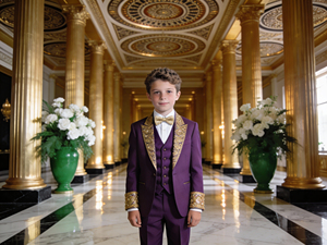 Traje de esmoquin bordado en oro y rojo vino para niños – Traje formal de 3 piezas para bodas y fiestas para niños - Product Image 2