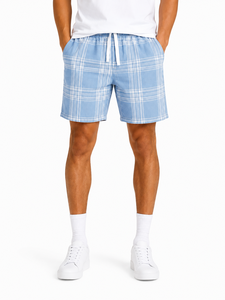 Men’s <b>Light</b> Blue Plaid Shorts Casual Summer Shorts Relaxed Fit Drawstring Waist Shorts Lightweight Cotton Blend <b>Lounge</b> Shorts - Product Image 1