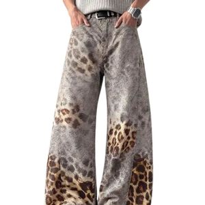 Jean large gris imprimé léopard pour femme, taille haute, en denim délavé vintage, pantalon décontracté tendance streetwear pour femme - Product Image 4