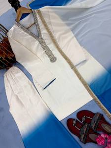 Elegant White Silk Salwar Kameez With Blue Dupatta Embroidered Ankle-Length Women's <b>Wedding</b> Wear India Pakistan Regular Fit - Product Image 2