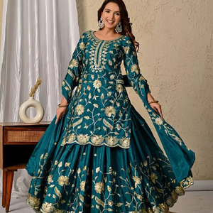 Modern Designer Wedding Party Wear <b>Kurta</b>/Kurti Choli Dupatta Fully Stitched Heavy Chinnon Silk Quick Dry All Seasons Regular Fit - Product Image 1