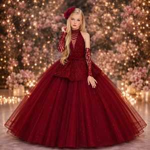 Robe de bal de luxe scintillante pour filles, robe de princesse pour enfants, doublure en satin doux, détail élégant avec nœud, tulle bouffant personnalisable, dentelle - Product Image 1