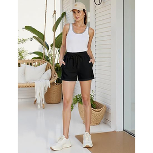 Shorts en molleton pour femme, taille haute, avec cordon de serrage, poches, en mélange de coton brossé doux, ourlet côtelé, pour la gym et l'hiver - Product Image 5