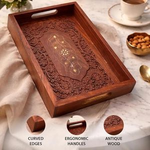 Handmade Traditional Shesham Wood <b>Moroccan</b> Serving Tray with Brass Inlay Carved Rectangular Design <b>Decorative</b> Handle for Dining - Product Image 2