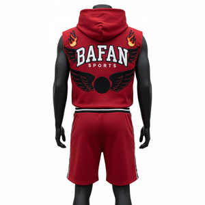 Conjunto Deportivo Corto sin Mangas para Hombre, 100% Algodón, Felpa Gruesa, Color Rojo, con Logotipo Bordado - Product Image 2