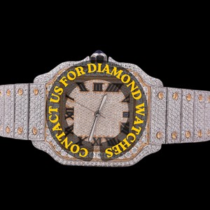 Dernier design, or blanc, moissanite taille brillant, cadran carré chiffres romains, mouvement à quartz, bijoux tendance et à la mode - Product Image 1