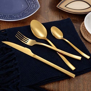 Metal <b>Gold</b> Plated <b>Set</b> of 4 Pieces Brass <b>Cutlery</b> <b>Set</b> With Designer Handle Home and Restaurant Dinnerware Flatware <b>Sets</b> - Product Image 1