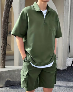 Men's Green Polo Shirt With Cargo Shorts Set Quick Dry Casual Summer Outfit Solid Color Knitted Polyester - Product Image 3