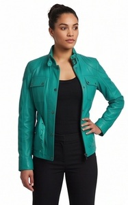 Blouson Bomber en Cuir Vert Émeraude pour Femme, Ceinturé, Col Montant, Écologique, Respirant, Coupe Ajustée, Vêtement d'extérieur – Vente en Gros - Product Image 2