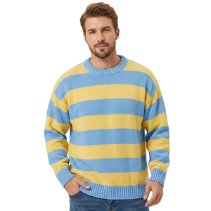 Pull en tricot rayé bleu et jaune pour homme, confortable, manches régulières, vêtement décontracté d'automne, 100% acrylique, 280g, poignets côtelés - Product Image 1
