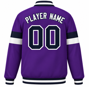 Custom Men's <b>Purple</b> <b>Varsity</b> <b>Jacket</b> With Name And Number Silk Screen Printed Front And Back Preppy Style Button Front Outerwear - Product Image 2