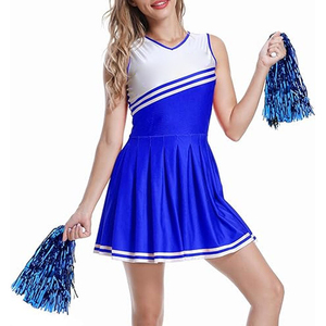 Vestido de Porrista con Bloques de Color Azul y Blanco con Pompones, Uniforme Estilo Falda para Mujeres Adultas - Product Image 1