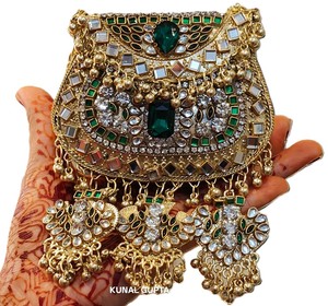 Fashion Women's Royal Emerald Kundan Embellished Bridal Clutch Hanging Latkan Tassels Rectangle Pearl Satin Magnetic Gifts - Product Image 2