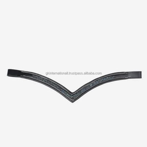 Banda de cejas de caballo de cuero acolchado negro en forma de V profundo de excelente calidad decorada con piedras de cristales multicolores Hotfix Brow Band - Product Image 4