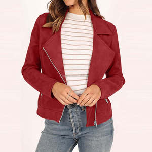 Veste moderne vintage rouge en daim style motard pour femme, fermeture à glissière asymétrique, col à revers, manches longues, coupe courte et respirante pour moto - Product Image 1