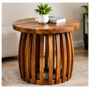 Table basse ronde rustique en teck naturel avec accent en corde tressée pour salon, idéale pour les cadeaux de pendaison de crémaillère - Product Image 1