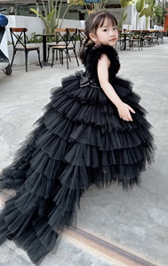 Vestido de Princesa con Lentejuelas Brillantes para Niñas, Manga Larga, Cola Desmontable, Falda de Tul en Capas y Espalda con Cordones - Product Image 4