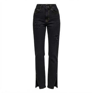 Jean en denim déchiré taille haute coupe droite oversize avec fente, style décontracté, longueur intégrale, respirant, pour femme - Product Image 1