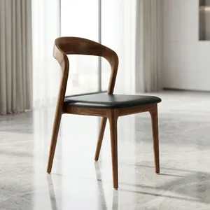 Chaise de restaurant moderne en bois avec dossier incurvé, assise rembourrée noire et pieds effilés pour café et décoration intérieure - Product Image 2