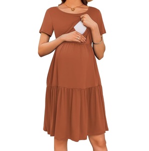 Robe de maternité et d'allaitement décontractée, longueur genou, manches courtes, couleur unie, pour la maison, OEM - Product Image 1