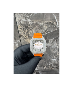 Square Moissanite Watch Stainless Steel <b>Case</b> Quartz Movement Sapphire Crystal Analog Dial Orange Rubber Strap 30mm Luxury Unisex - Product Image 1