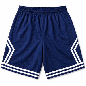 Short de basket-ball bleu marine foncé avec panneaux latéraux en chevron blanc, double bordure blanche et taille élastique confortable - Product Image 2