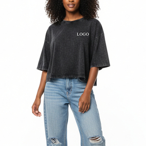 Camiseta de Verano para Mujer, Estilo Vintage, 100% Algodón, 220 g/m², Ecológica, Transpirable, Hombros Caídos, Lavado Ácido, Personalizable, Venta al Por Mayor OEM - Product Image 1